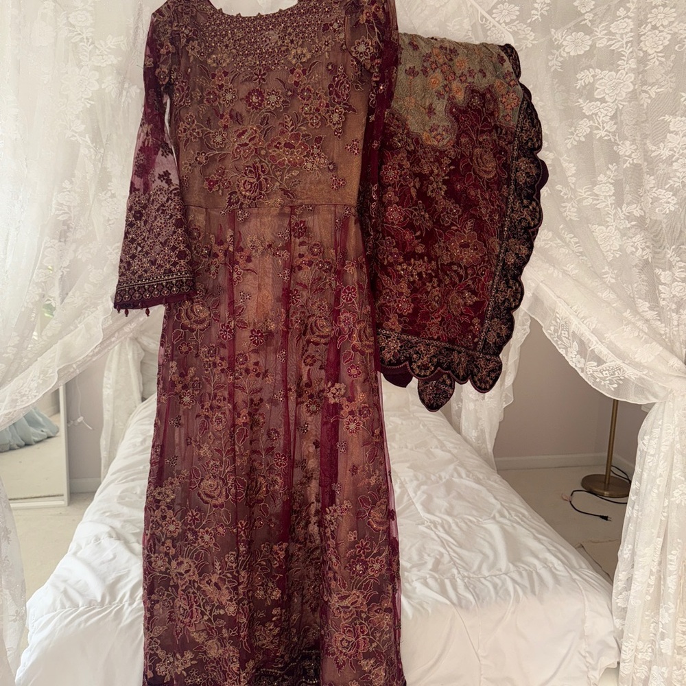 Elegant Burgundy Embroidered Dress